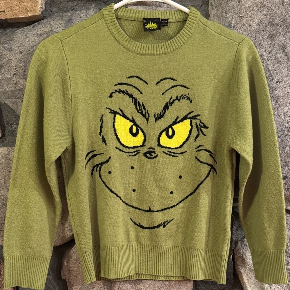 Dr. Seuss The Grinch Face MAD Engine green crewneck youth Sweater size medium